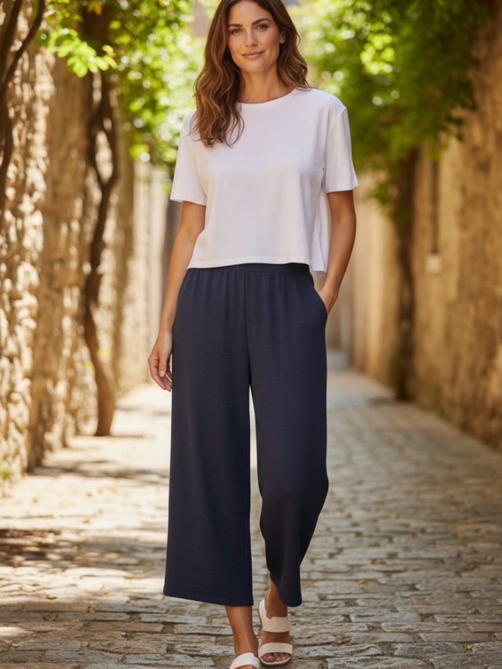 NWOT IN Studio Textured Navy Blue Wide Leg Pull-On Pants Elastic Waist 1X